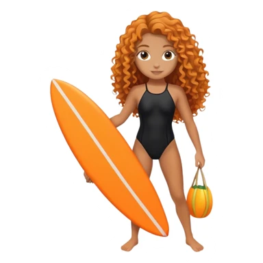 Surfer girl with black swimsuit and orange surfboard and long curly hair sticker
