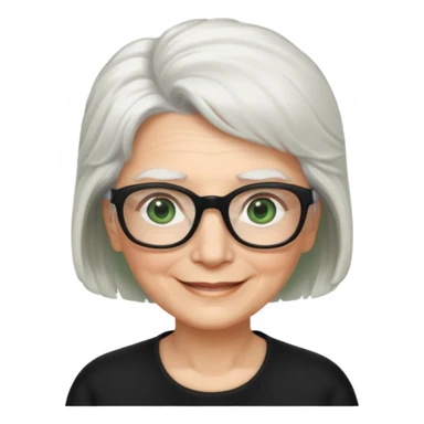 White hair grandma, green eyes, hair to shoulder, lokeg black glasses, rectangles face, smile , sticker