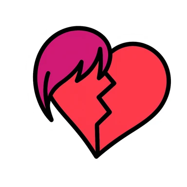 color outline icon of a broken heart with side bangs and emo style sticker