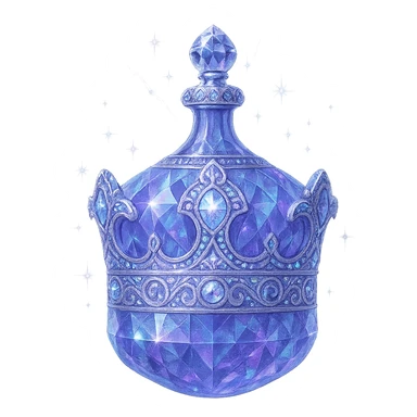 išskirtinai prabangus eliksyro buteliukas, karūnėlės forma, spalva #7986cb, daugiasluoksniai holografiniai ir sidabriniai ornamentai, kristalo tekstūra, daug magiškų švytėjimų ir žėrėjimo, šviesos spinduliai, labai mažas kaklelis, dailiai sujungta, vientisa, užapvalinta ir uždara apačia (ne plokščia ir ne atvira kaip stiklinės), skaidrus fonas, buteliukas aiškiai plūduriuoja ore, be pagrindo ar šešėlio, nestovi, modernus, kolekcijai tinkamas, ypatingai gražus sticker