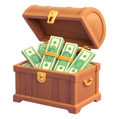 a wooden chest filled with money, 3D emoji style sticker