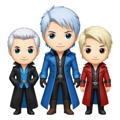 Cute chibi Dante, Vergil, and Nero from Devil May Cry, big heads, small bodies, childlike proportions sticker