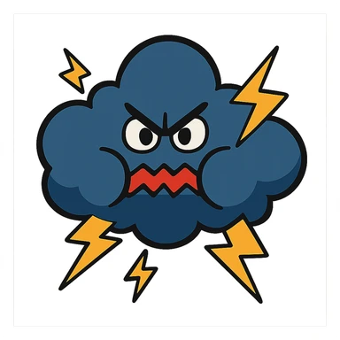 angry thunderstorm cloud, cartoon style, zigzag mouth, puffed cheeks, lightning around sticker