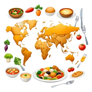 Icon for Culinary Tourism: a world map with food elements like a fork, knife, and dish, surrounded by iconic dishes from various countries. The icon should represent the exploration of global cuisines and travel experiences. Transparent background. sticker