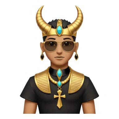 3D cartoon horned character portrait, wearing sunglasses, gothic ancient Egyptian style, pharaoh collar, dark gold and black outfit, ankh symbols, Egyptian jewelry, mysterious expression, soft dramatic lighting, centered, clean background, no text, no watermark sticker