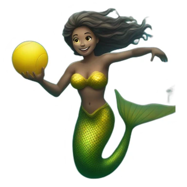 Underwater bold man mermaid swimming, holding a small yellow ball, winning enthousiasm sticker