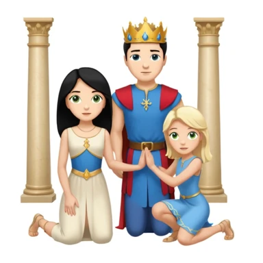 Man as king, black Hair, blue eyes, woman, blonde, green eyes, shott white sleveless Dress, kneeling, background palace sticker