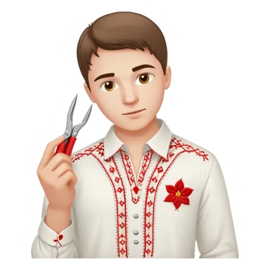 Ukrainian young man in a white embroidered traditional shirt holding a red thread with a needle and pliers sticker
