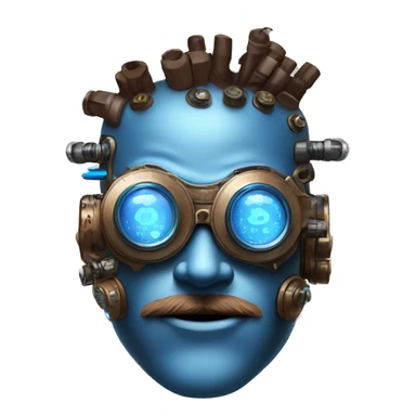 Brown cyborg head with blue Mohawk, blue beard, silver steampunk monocle goggles a smile and circuits sticker