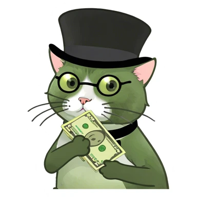 cat holding a bunch of money sticker