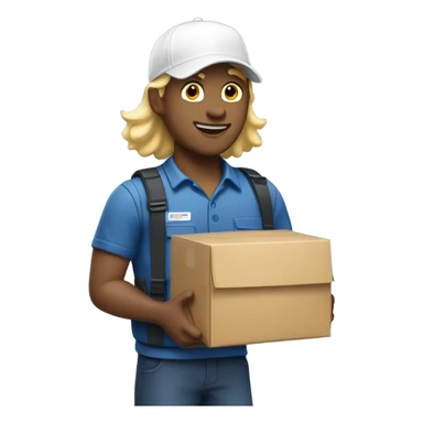 mail carrier with blond hair and with a package wearing a white cap sticker