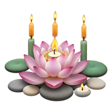 A photorealistic icon featuring lotus flowers, burning incense sticks with smoke rising, smooth round sea stones, and multiple small round candles arranged in a calming, tranquil setting. Soft, peaceful colors with detailed textures that evoke mindfulness and inner peace. Transparent background sticker