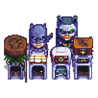 Wide pixel art background of a dark Gotham City street. Empty road with sidewalk, flickering lamppost casting light, trash bins nearby, distant shadowy silhouettes. Tall buildings in the background, moody atmosphere, subtle rain or fog. sticker