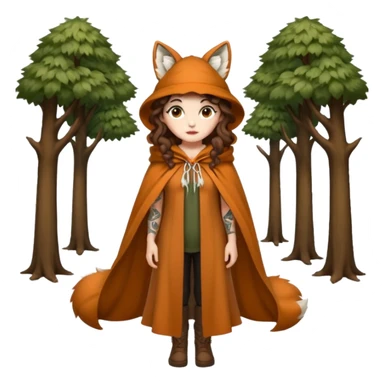 full body woman long curly brown hair brown eyes white skin tattoos wearing fox ear hat and open forest cloak, confident stance sticker