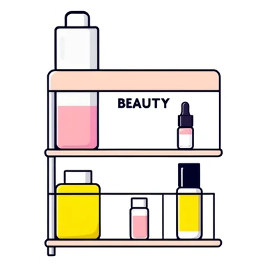 big long white shelf with one serum bottle labeled beauty brand and big sticky note sticker