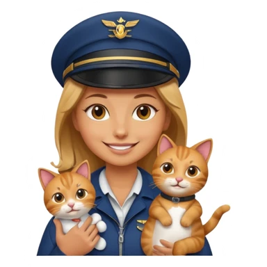 woman sitting in airplane wearing pilot outfit holding a cat emoji sticker