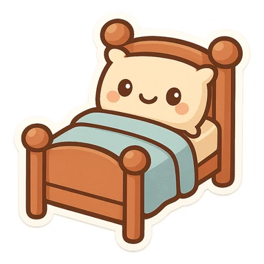 a cartoon-style bed with a smiling face on the pillow, playful and cute sticker