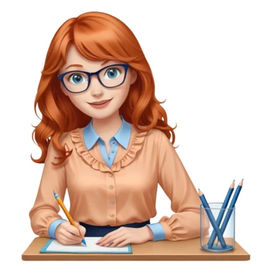 redheaded woman with very long wavy hair and bangs, blue eyes, clear cat-eye glasses, apricot silk blouse, pencil skirt, holding a pencil, smiling sticker