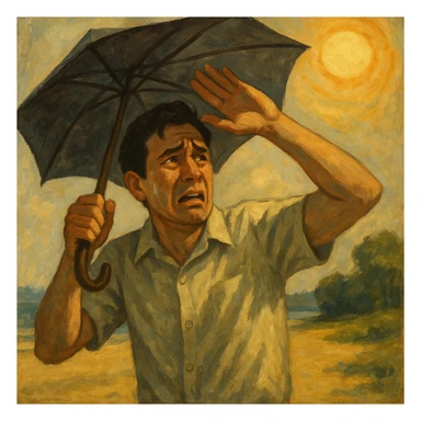 Create a symbolic, semi-realistic outdoor scene (beach or park) featuring a man with expressive, worried body language. The man is raising his hands or using an umbrella or large hat to block natural, warm sunlight. He looks uncomfortable or fearful, as if trying to protect himself from the sun. Use muted colors and an expressive, semi-realistic style symbolizing misunderstanding about sunlight and health. Use the reference image for facial features and general appearance. sticker