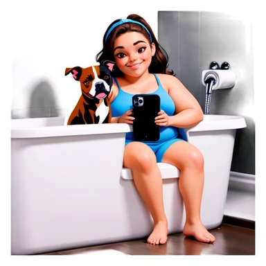 Beautiful young girl just slightly overweight with long dark choppy hair cascading over her shoulders holding her black iPhone with her medium brown dog with an under bath. It looks like a pitbull laying beside her. sticker