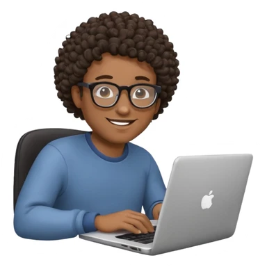 Black man with curly hair and glasses working on a laptop, emoji style sticker