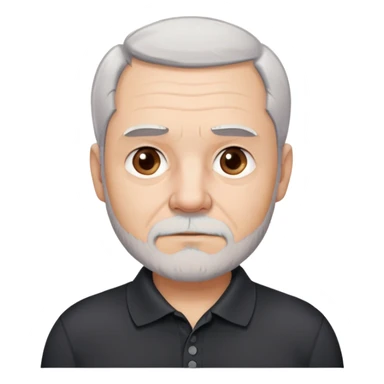 Charismatic older man in his late 50s with light skin, round face with wide features, expressive dark brown eyes, thick slightly arched eyebrows, short white-gray hair with receding hairline, gray scruff beard, neutral-serious expression, wearing black polo shirt sticker