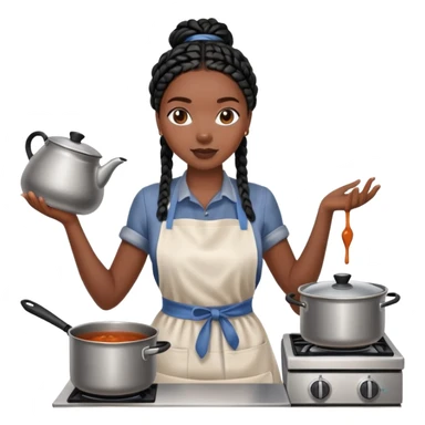 A dark-skinned Black woman with black box braids, wearing an apron, stirring a pot on the stove or holding a plate of food. sticker