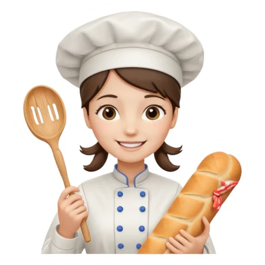 Young female baker - white chef hat, holding cream piping bag and bread sticker