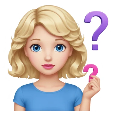 Girl Blonde short wavy hair,  blue eyes, cute blue top, long lashes, pink lips, question mark sticker