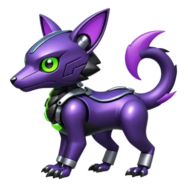 Futuristic modern mechanical badass cool shiny metallic alloy black-obsidian purple neon-green white lime animal hybrid Fakemon full body sticker