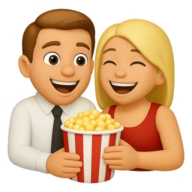 Two emoji characters watching a movie together, sitting side by side with popcorn, looking at a screen, joyful expressions, transparent background. sticker