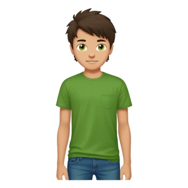 A 14 yerar old teenage boy, slightly tanned, wearing a green t-shirt , blue jeans and green sneakers with dark brown tousled hair, smirking sticker
