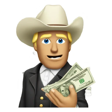 Trump wears cowboy hat holding many dollars on his hand sticker