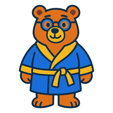 A cartoon bear wearing glasses and a bathrobe sticker