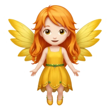 fairy with long orange hair, yellow wings, yellow dress, happy, chibi full body sticker