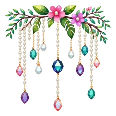 Exotic colorful romantic Few cute tiny Iridescent glistening glossy sparkly shiny glittery hanging crystals pearls and beads and gemstones scenery scenic decorations with branches and flowers sticker