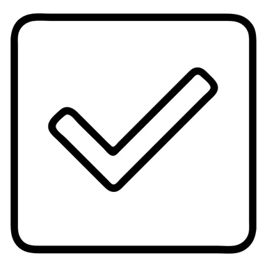 2D orange square with a white check mark inside, solid black outline icon sticker