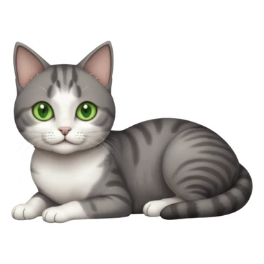 full body tiny short hair dark grey and white cat with white front legs and green  eyes lying down sticker