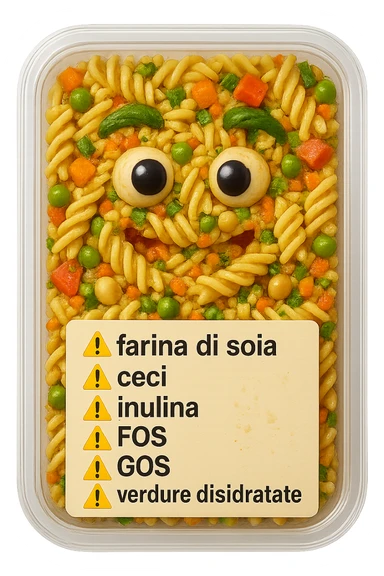 SU QUESTO STILE FAI UN EMOJI STILE IPHONE 3D DI UN insalata di pasta precotta preconfezionata con ETICHETTA CON GLI INGREDIENTI SCRITTI, "farina di soia, ceci, inulina, FOS, GOS, verdure disidratate" accanto ad ogni nome scritto mettici un segnale di allarme, FALLO MOLTO REALISTICO IN 3D sticker