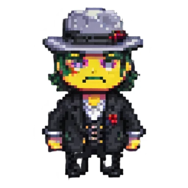 gangster character, highly cartoonish, exaggerated pixel art style sticker