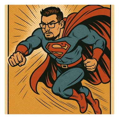 superhero man with short hair, goatee, glasses, dynamic pose, modern superhero outfit, cape flowing, determined look, classic comic book style sticker