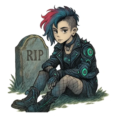  [[[a lonesome tombstone in a graveyard]]], , punk gothic style, futuristic cyberwave cyberpunk, sitting position
 sticker