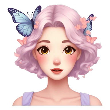 Gorgeous pastel anime style lady with blushing face and butterflies aesthetic trending style sticker