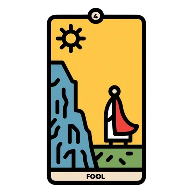 The Fool tarot card with sun in corner and figure near cliff sticker