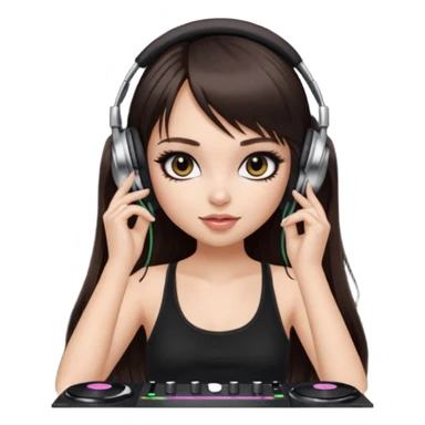 generate a pretty bratz girl in black cami top, dark brown straight long hair with bangs, eyeliner on, djing, fair sticker