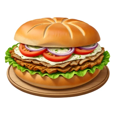 Döner‑Fladenbrot, frisch aufgebacken, leicht geröstet, gefüllt mit saftigem Dönerfleisch, knackigem Salat, Tomaten, Zwiebeln und Kräutersauce. Warme Food‑Fotografie, hohe Details, weiches Licht, Fokus auf Texturen, appetitlich, moderne Restaurant‑Ästhetik, natürliche Farben. sticker