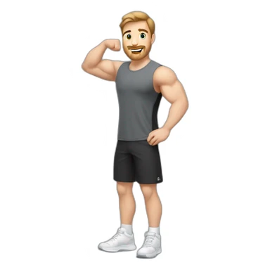 Full height Actively gesturing with hands Pale skinned Fit Man With the biceps and brown hair in dark gray Sleeveless Mike, black oversize sports shorts, watch and white Sneakers sticker
