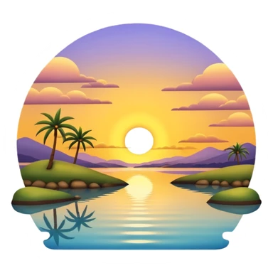 A 3D cartoon sunset over an estuary, golden reflection on calm water, scenic and peaceful, Memoji-style. sticker