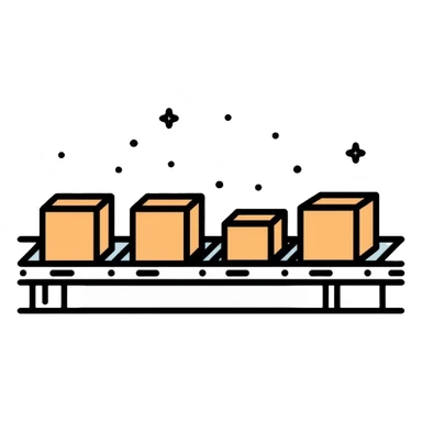Simple assembly line with small blocks moving on a conveyor belt, symbolizing a repeatable system or process sticker