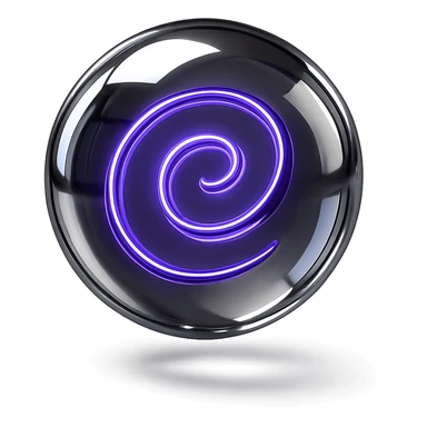 floating translucent orb with a shiny chrome and glowing purple spiral winding inside, in chrome style sticker